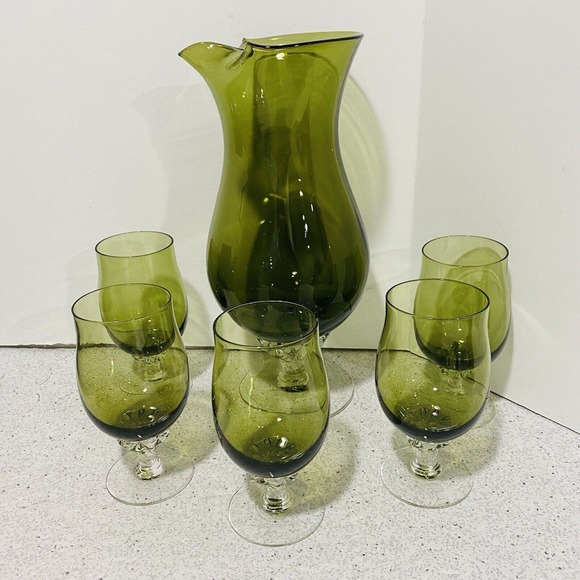 VTG Sasaki Cocktail Set Olive Green Art Glass Pitcher Decanter & 5 Wine Glasses - Picture 2 of 10
